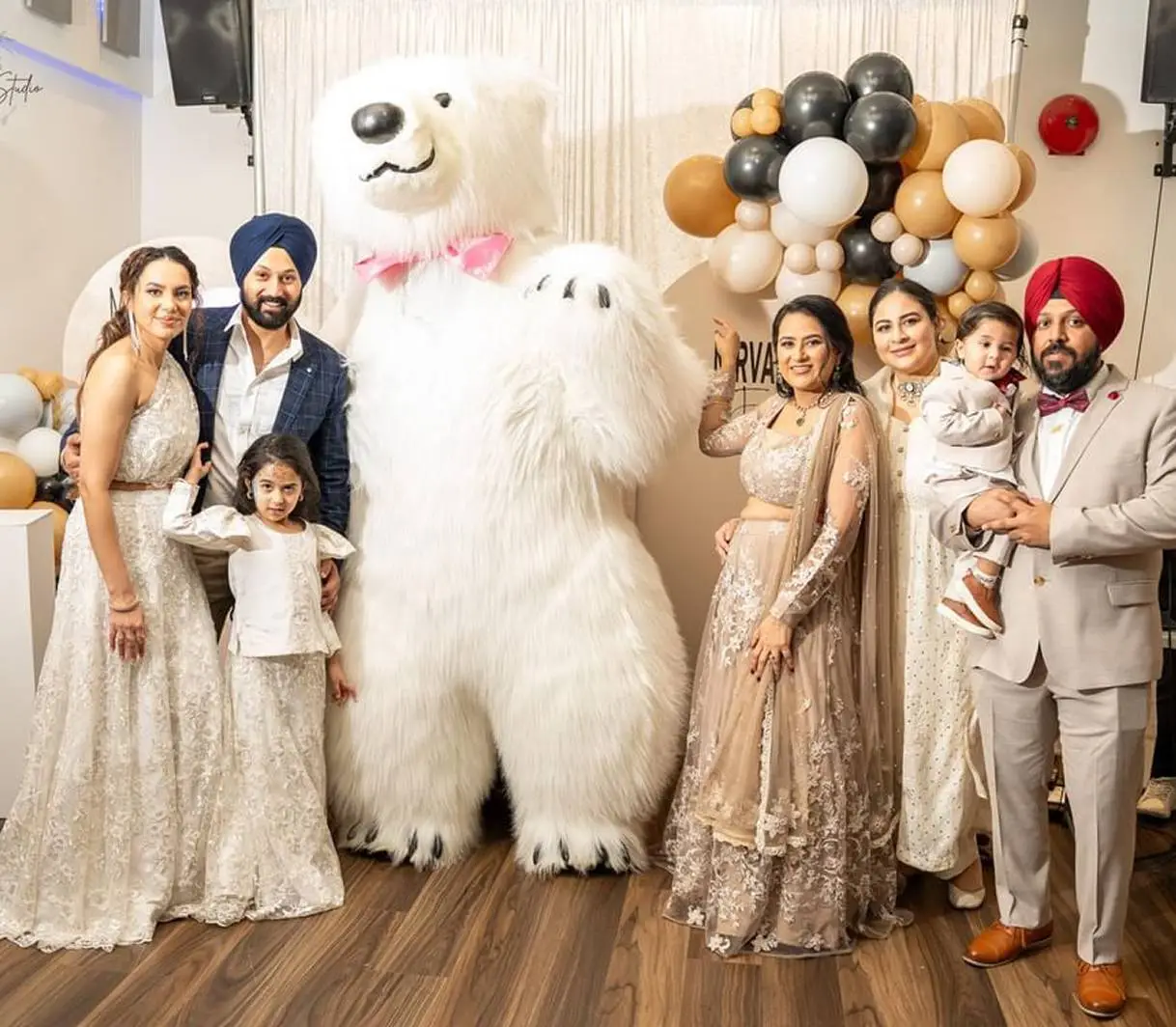 Polar bear birthday surprise in Vancouver with a costumed polar bear entertaining guests