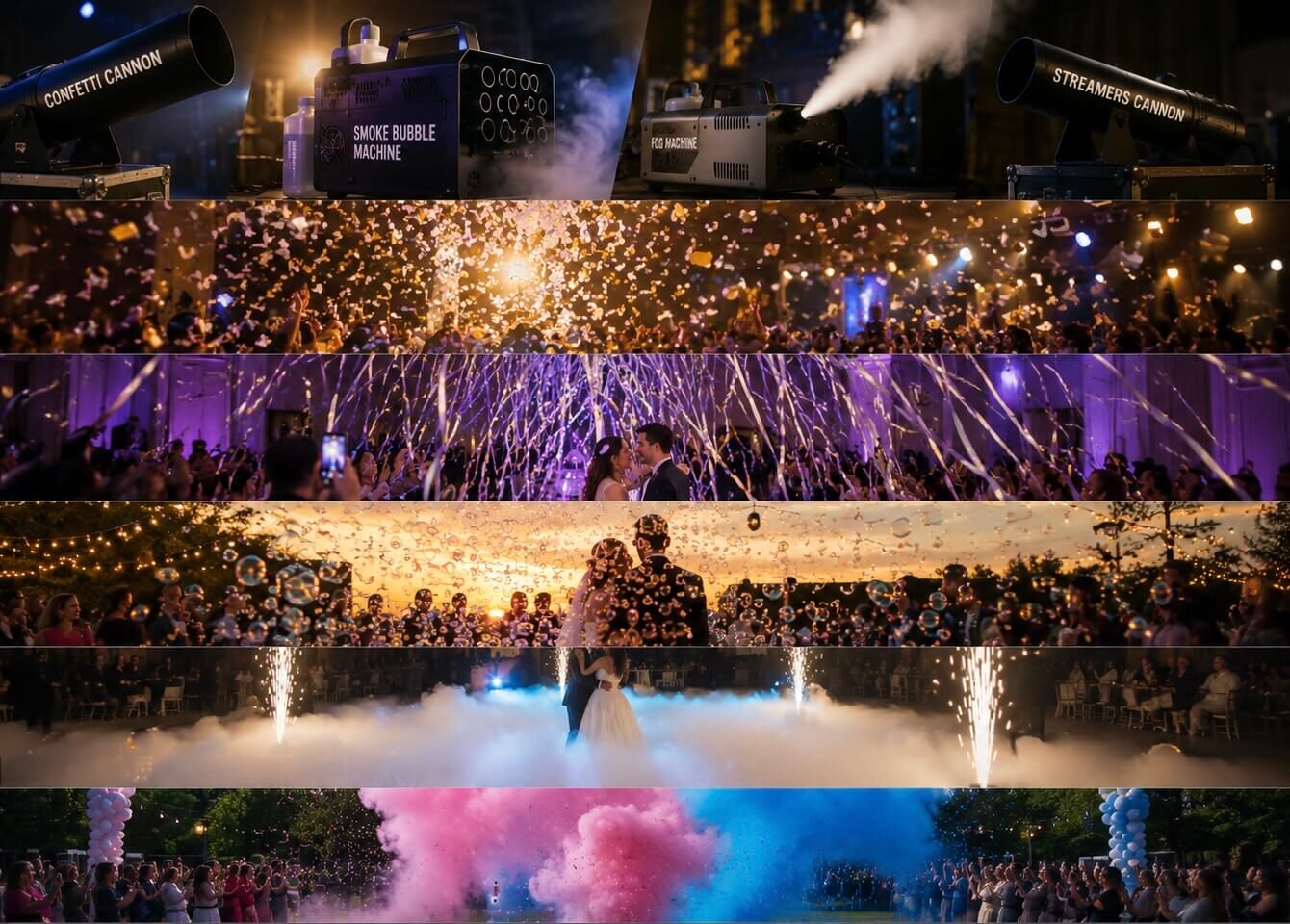 Confetti, streamers, smoke bubbles, low fog and gender reveal effects