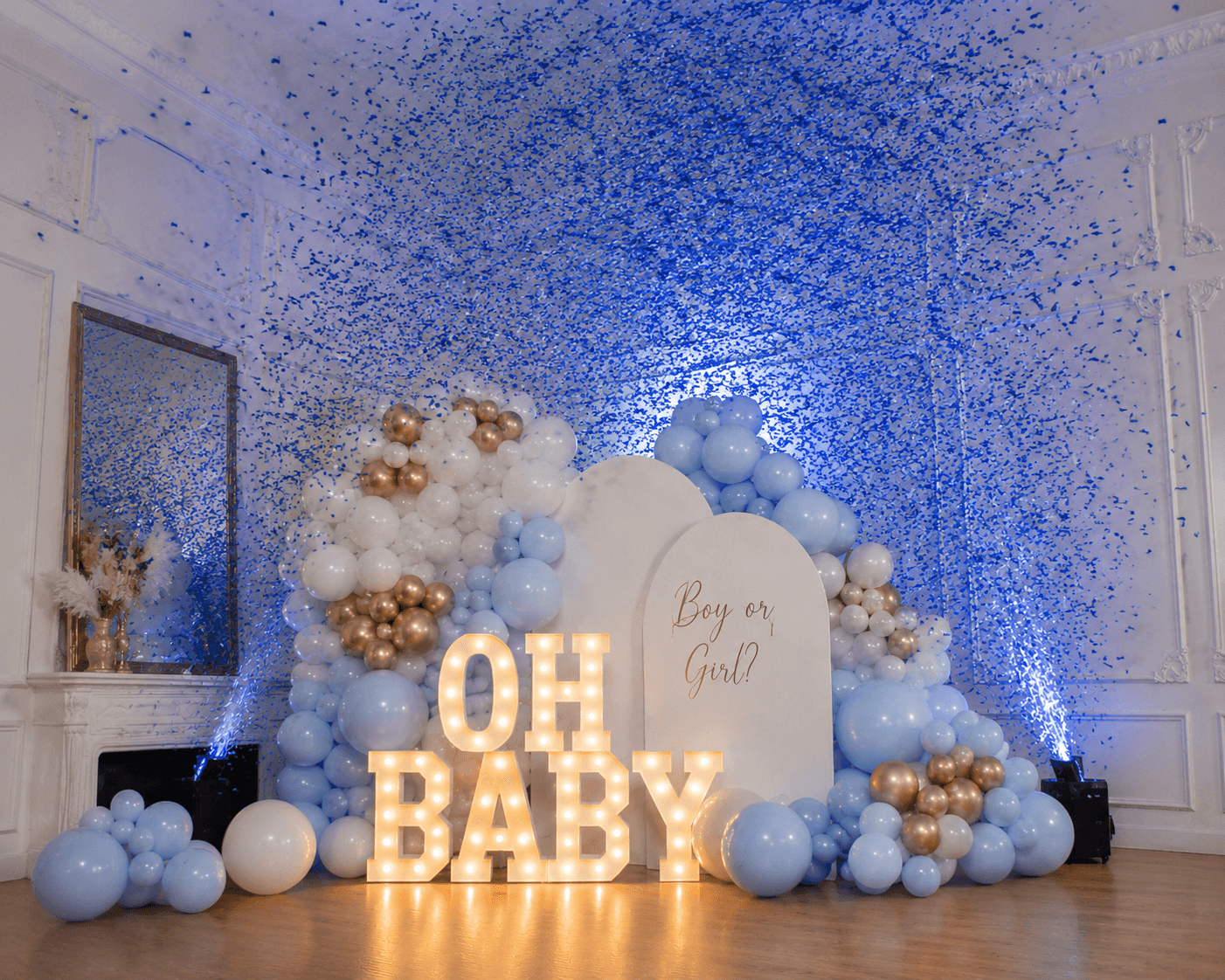 Blue confetti at a gender reveal