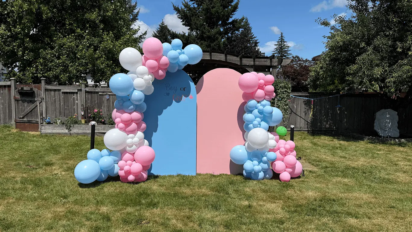 Pink and blue balloon backdrop setup for a Grand Show gender reveal