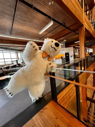 Person in a playful polar bear costume inside a modern office space with wooden interiors and hanging lights.